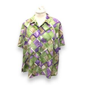 Alia Women’s Short Sleeve Button Down Plaid Shirt, Green, size 22W